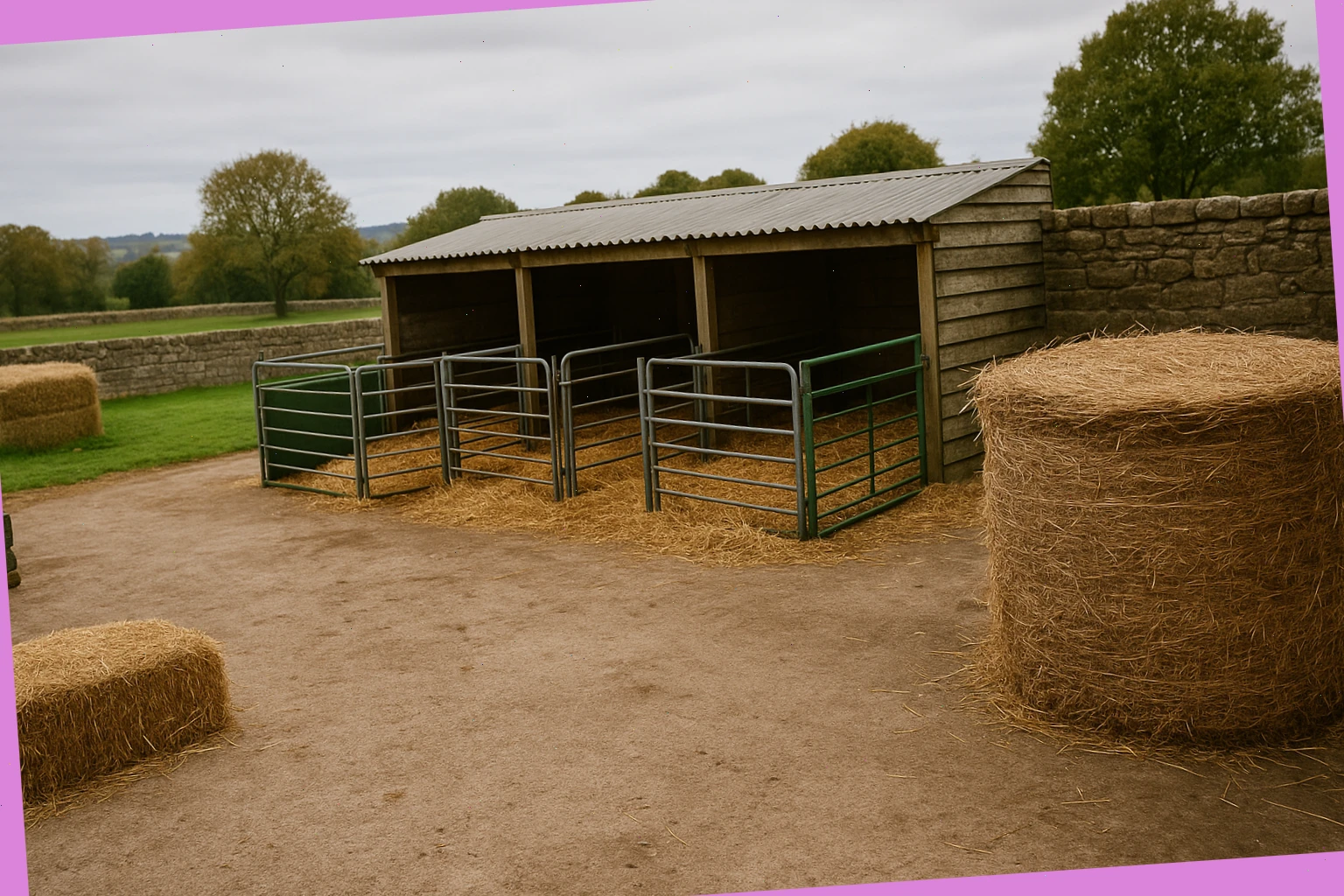 Yard view with quiet pens, hay bales and low stone wall