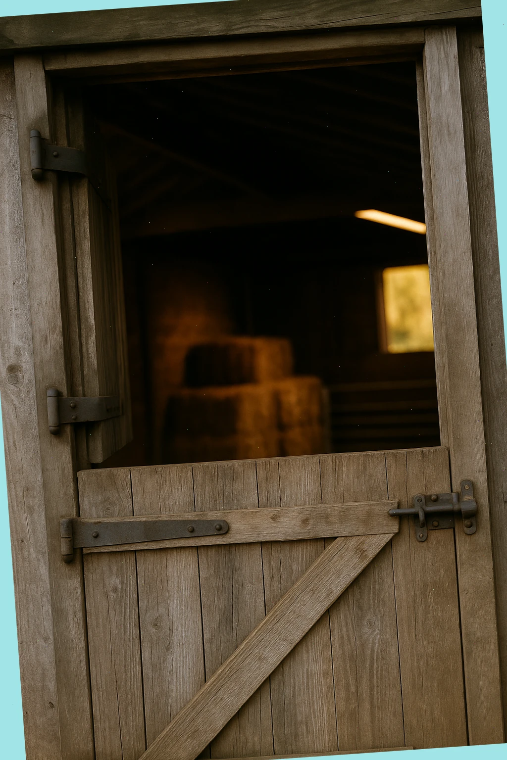 Stable door half open with soft light inside the barn
