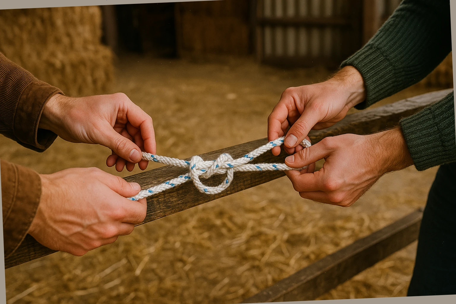 Hands demonstrating knot tying on a low beam in the barn