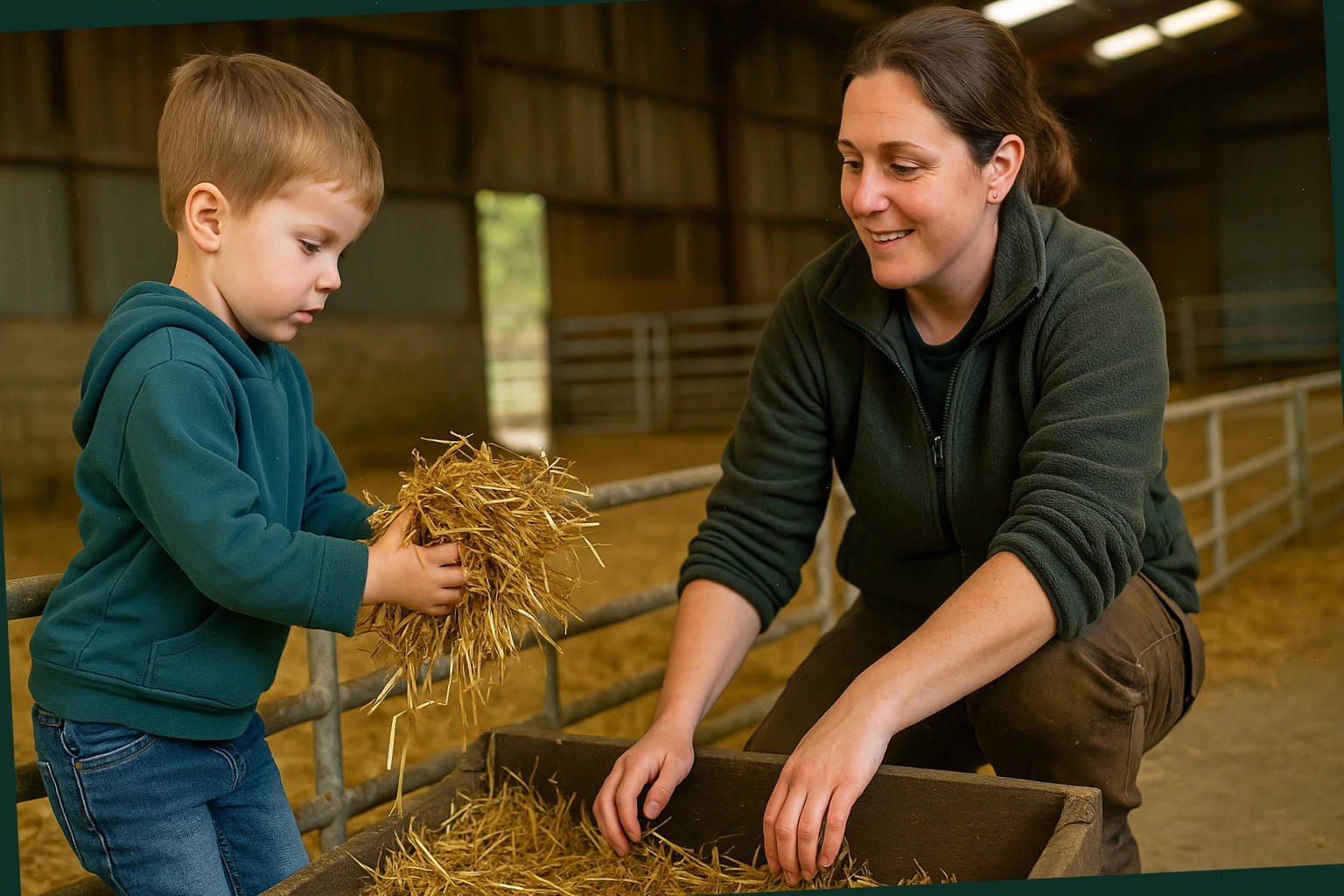 Child placing straw in a low pen beside a caretaker