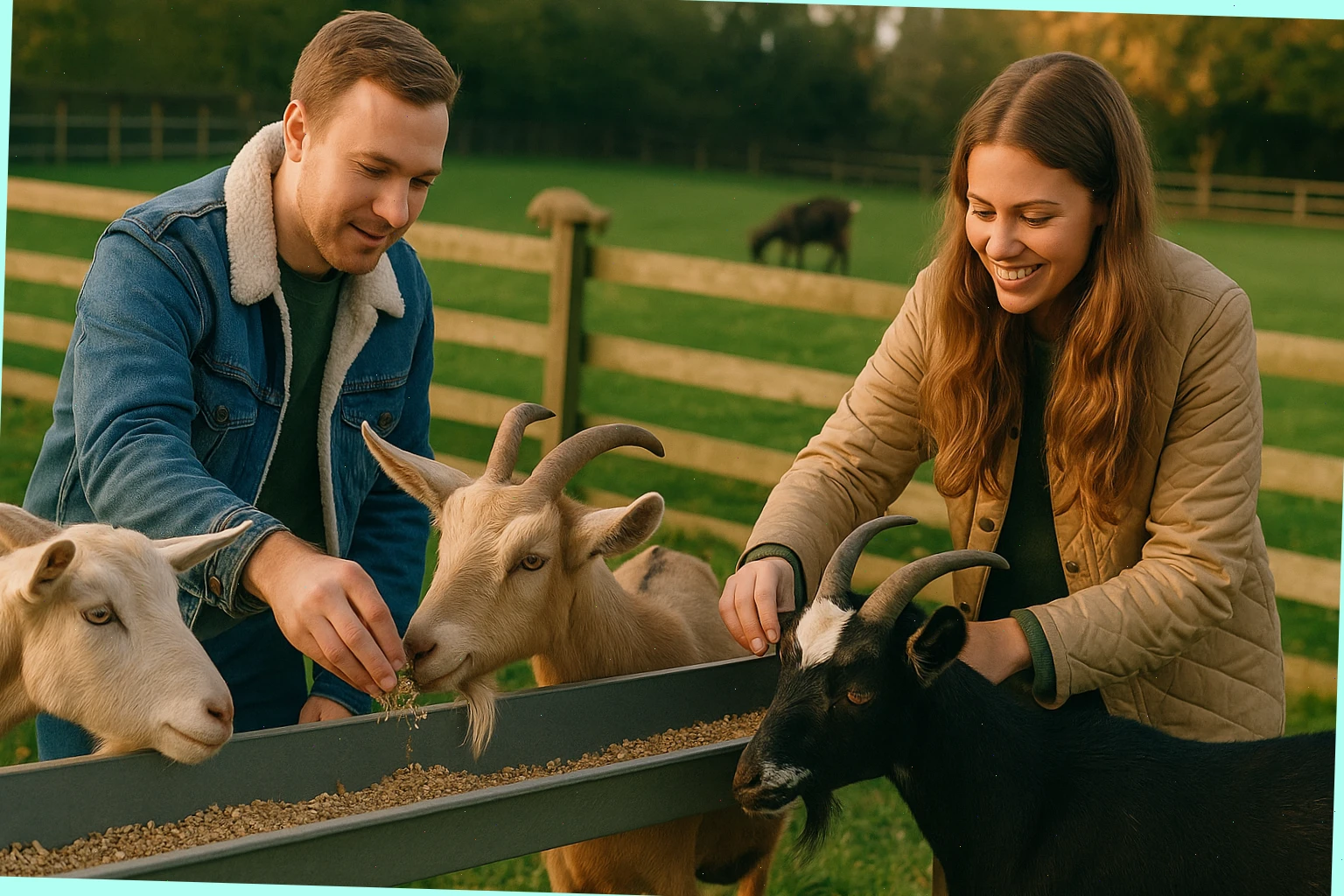 Visitors placing feed into shallow troughs for friendly goats