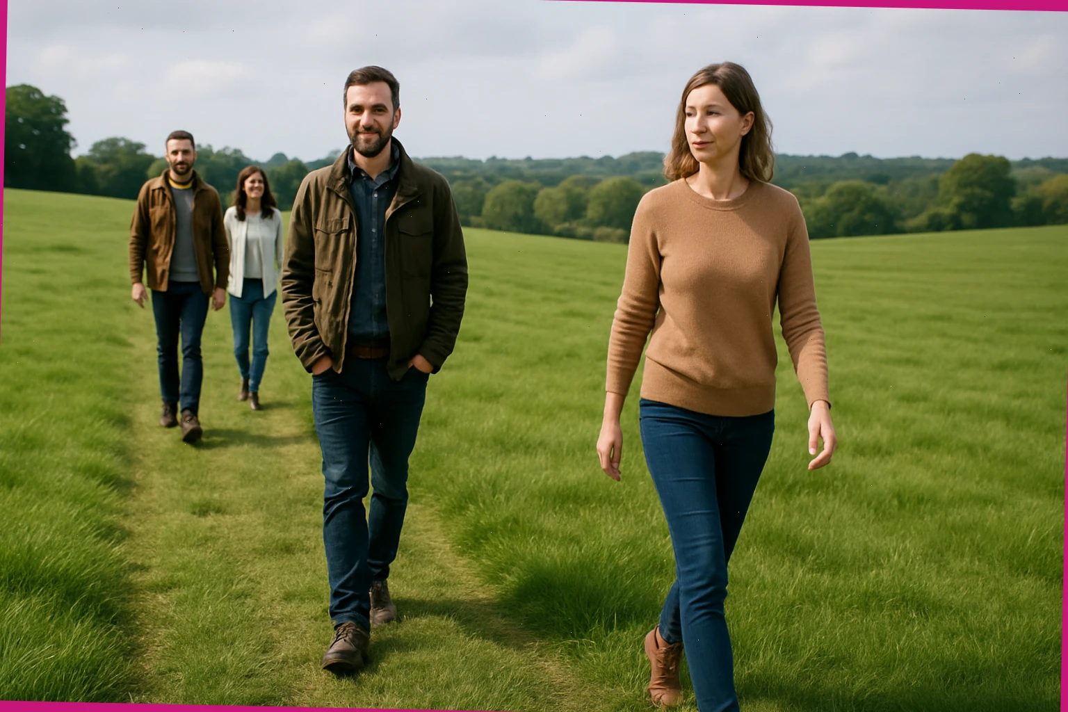 Small group walking a mown path across green pasture