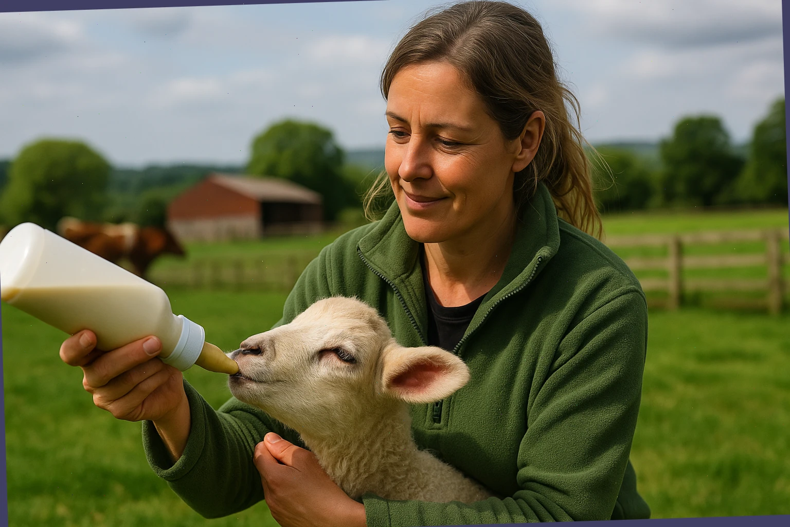 Lia, animal care lead, with bottle for lamb rearing