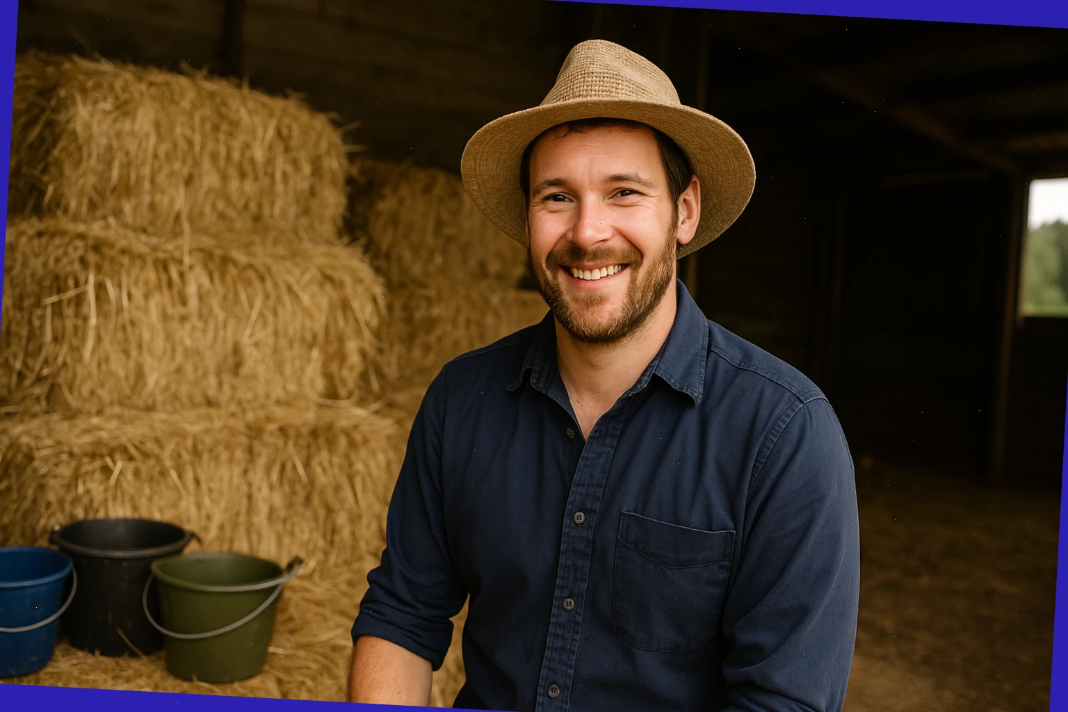 Tom, barn host, beside hay bales and feed buckets